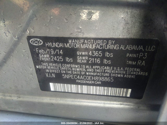 2014 HYUNDAI SONATA SE VIN: 5NPEC4AC0EH898865