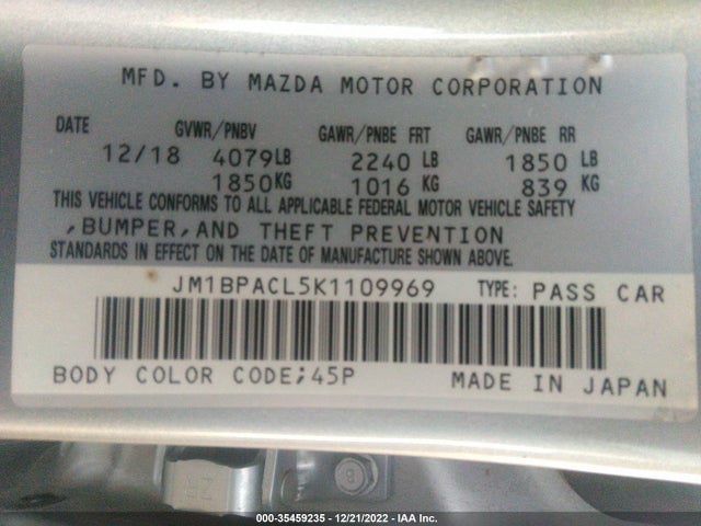 2019 MAZDA MAZDA3 SEDAN W/SELECT PKG VIN: JM1BPACL5K1109969