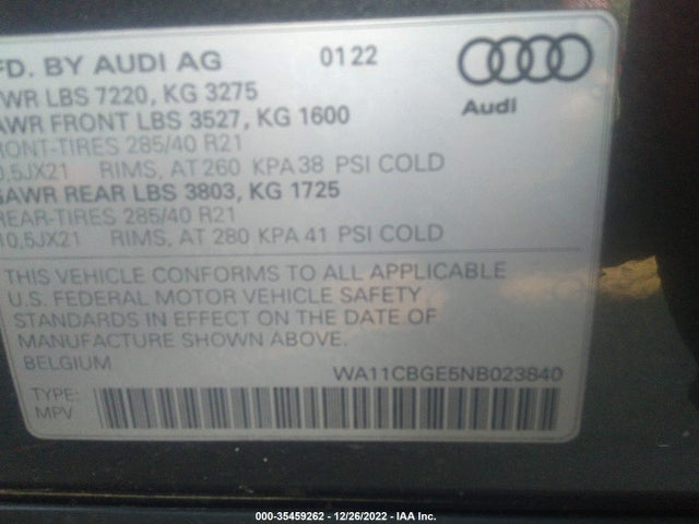 2022 Audi e-tron, VIN: WA11CBGE5NB023840
