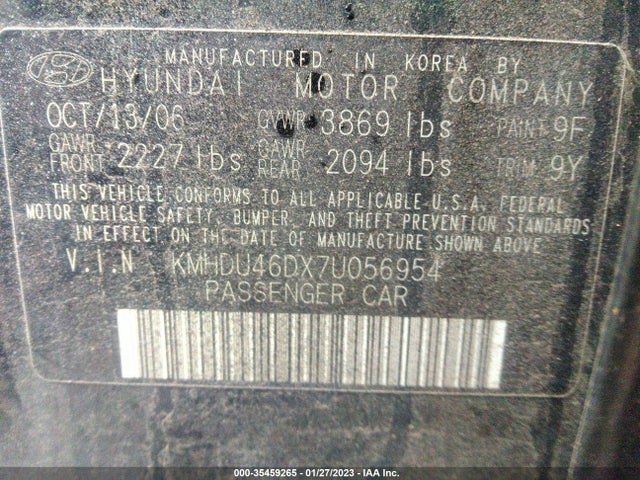 2007 HYUNDAI ELANTRA GLS/SE/LTD VIN: KMHDU46DX7U056954