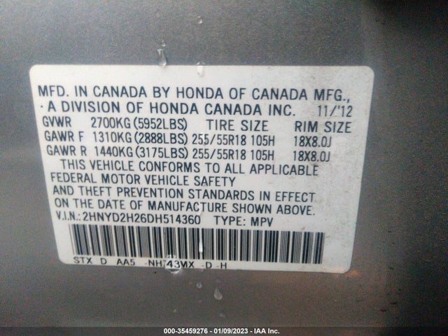 2013 ACURA MDX VIN: 2HNYD2H26DH514360