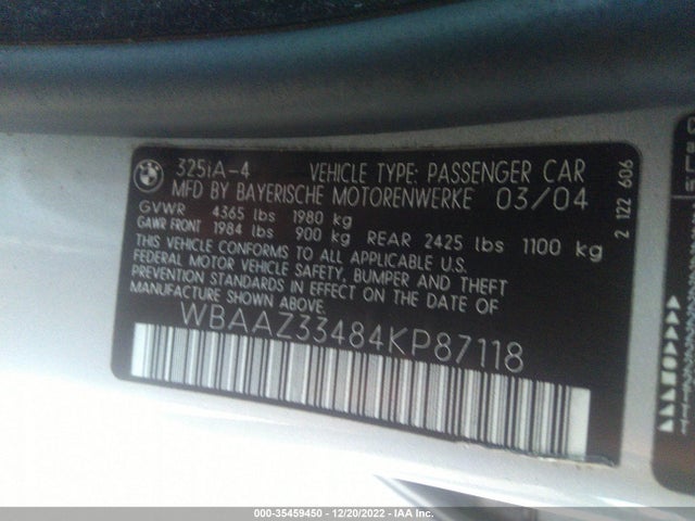 2004 BMW 3 SERIES 325I VIN: WBAAZ33484KP87118