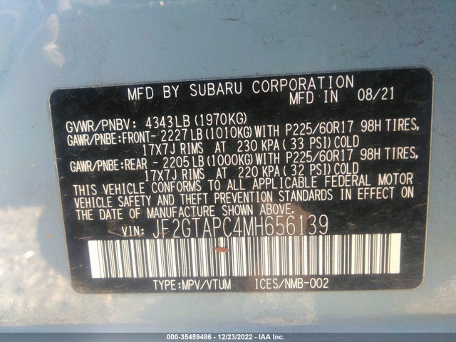 2021 SUBARU CROSSTREK PREMIUM VIN: JF2GTAPC4MH656139