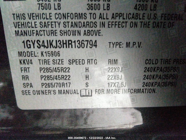 1GYS4JKJ3HR136794 Cadillac Escalade Esv Premium Luxury