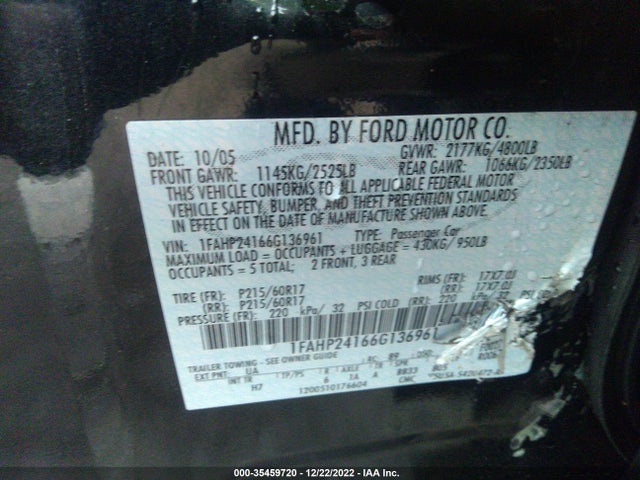 2006 FORD FIVE HUNDRED SEL VIN: 1FAHP24166G136961