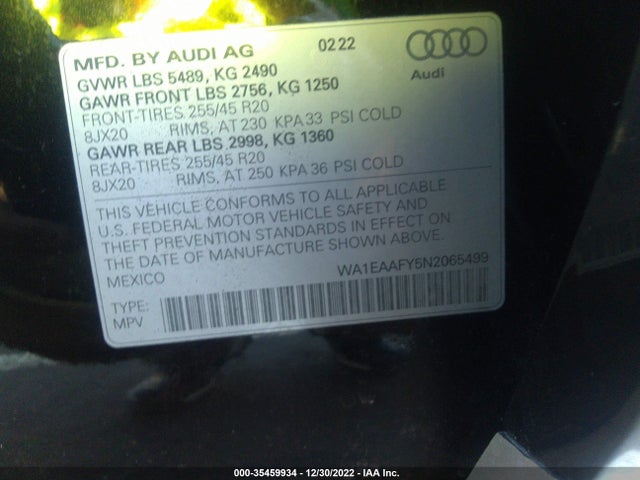 2022 Audi Q5, VIN: WA1EAAFY5N2065499