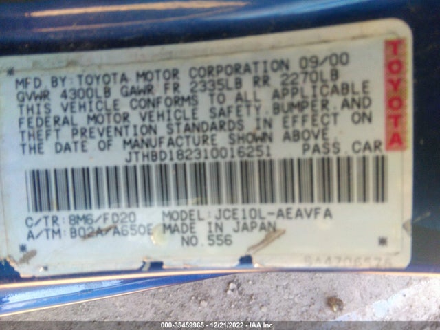 2001 LEXUS IS 300 VIN: JTHBD182310016251