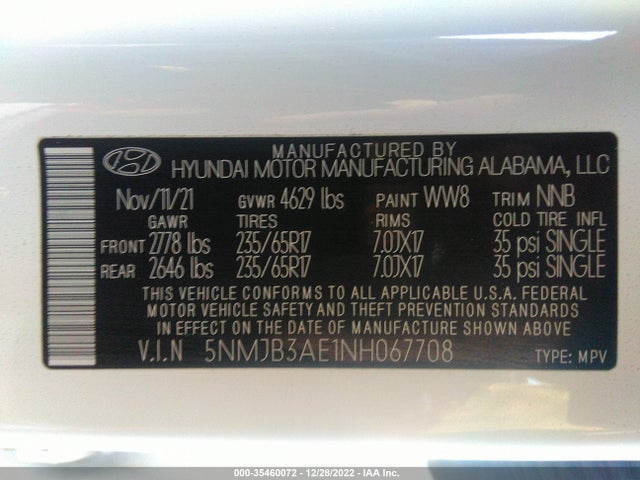 2022 HYUNDAI TUCSON SEL VIN: 5NMJB3AE1NH067708