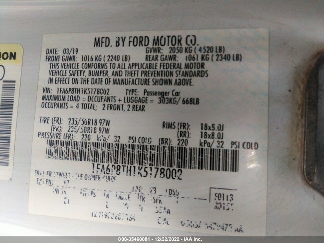 2019 FORD MUSTANG ECOBOOST VIN: 1FA6P8TH1K5178002