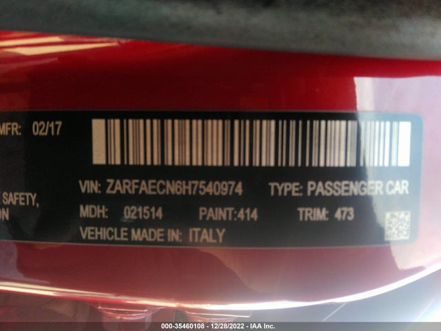 2017 Alfa Romeo Giulia, VIN: ZARFAECN6H7540974