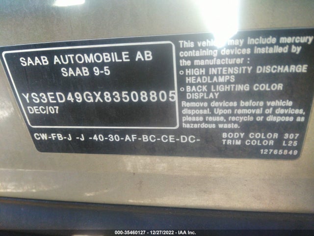 2008 SAAB 9-5 VIN: YS3ED49GX83508805