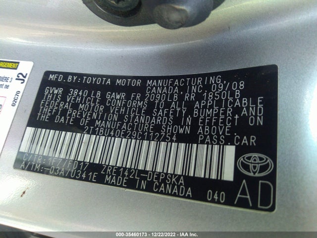 2009 TOYOTA COROLLA S VIN: 2T1BU40E29C112754