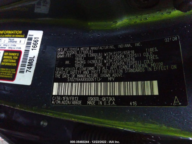 2008 TOYOTA SEQUOIA SR5 VIN: 5TDZY64AX8S006113