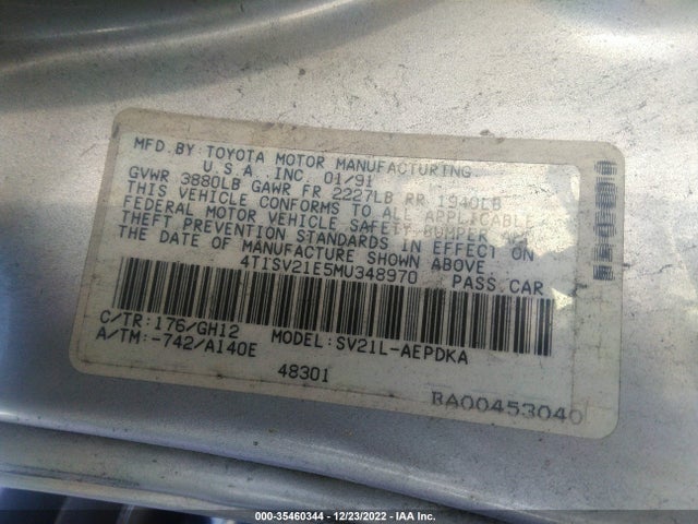 1991 TOYOTA CAMRY DLX VIN: 4T1SV21E5MU348970