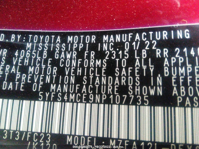 2022 TOYOTA COROLLA SE/SE NIGHTSHADE/APEX SE VIN: 5YFS4MCE9NP107735