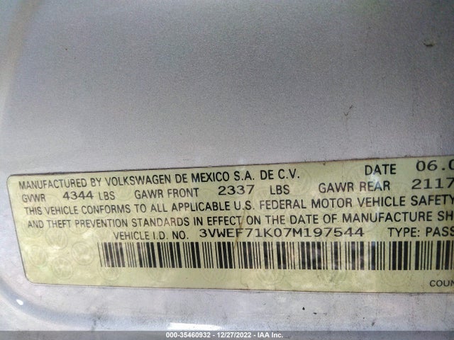 Volkswagen JETTA SEDAN 2007 3VWEF71K07M197544 Image 10