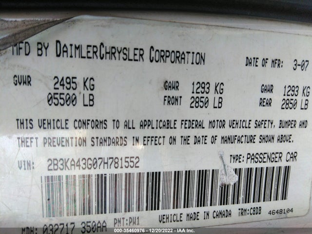 2007 DODGE CHARGER POLICE VIN: 2B3KA43G07H781552