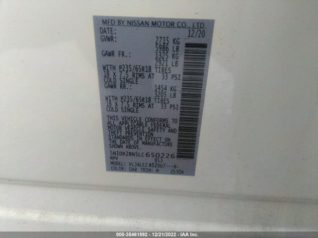 2020 NISSAN PATHFINDER SV VIN: 5N1DR2BN5LC650226