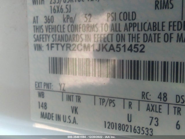 2018 Ford Transit, VIN: 1FTYR2CM1JKA51452