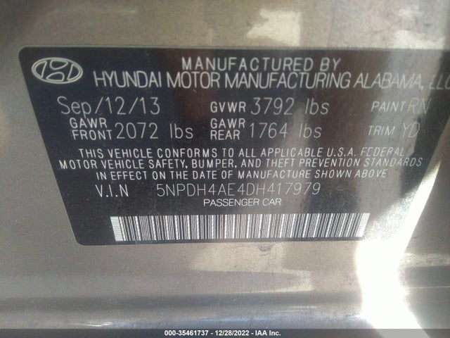 2013 HYUNDAI ELANTRA LIMITED VIN: 5NPDH4AE4DH417979