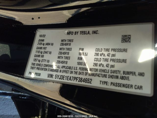 5YJ3E1EA7PF384652 Tesla MODEL 3