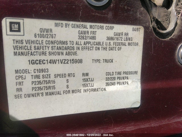 1997 CHEVROLET C/K 1500 VIN: 1GCEC14W1VZ215908