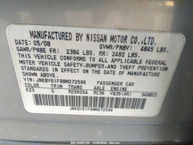 2008 INFINITI G35 SEDAN X VIN: JNKBV61F98M272596