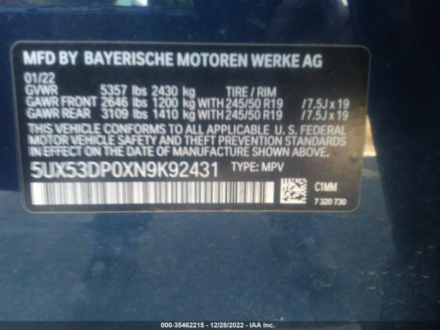 5UX53DP0XN9K92431 BMW X3 Xdrive30i