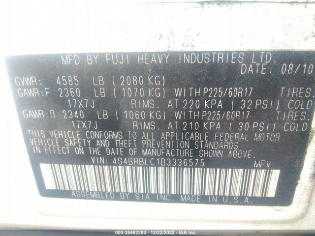Subaru Outback 2.5i Limited Pwr Moon/nav 2011 4S4BRBLC1B3336575 Image 11