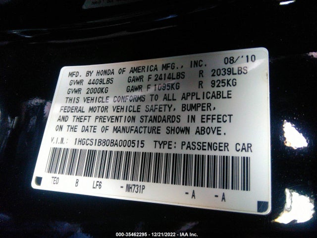 Aukcja sprzedaży 2011 Honda Accord Cpe Ex-l, vin: 1HGCS1B80BA000515, numer aukcji: 35462295