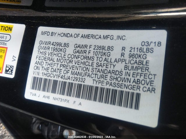 2018 HONDA ACCORD SEDAN EX 1.5T VIN: 1HGCV1F45JA129332