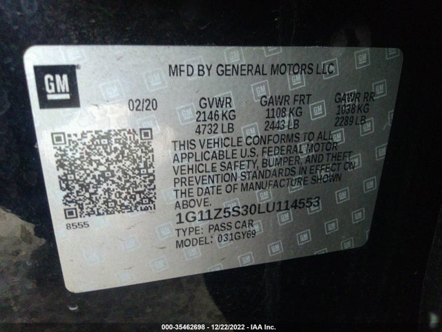 2020 CHEVROLET IMPALA LT VIN: 1G11Z5S30LU114553