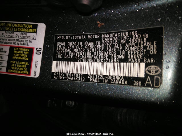 2019 TOYOTA COROLLA L/LE/SE/XLE/XSE VIN: 2T1BURHE1KC174895