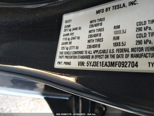 Tesla Model 3 Standard Range Plus 2021 5YJ3E1EA3MF092704 Image 10