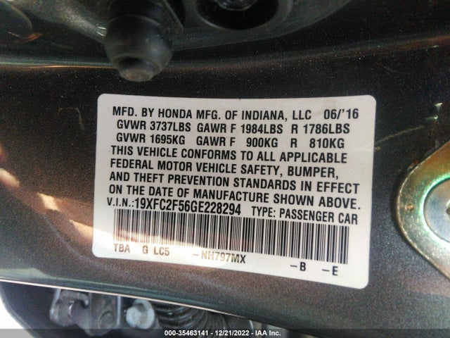 2016 HONDA CIVIC SEDAN LX VIN: 19XFC2F56GE228294