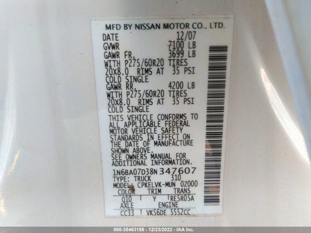 2008 NISSAN TITAN XE/SE/LE VIN: 1N6BA07D38N347607