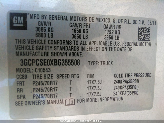 2011 CHEVROLET SILVERADO 1500 LT VIN: 3GCPCSE0XBG355508