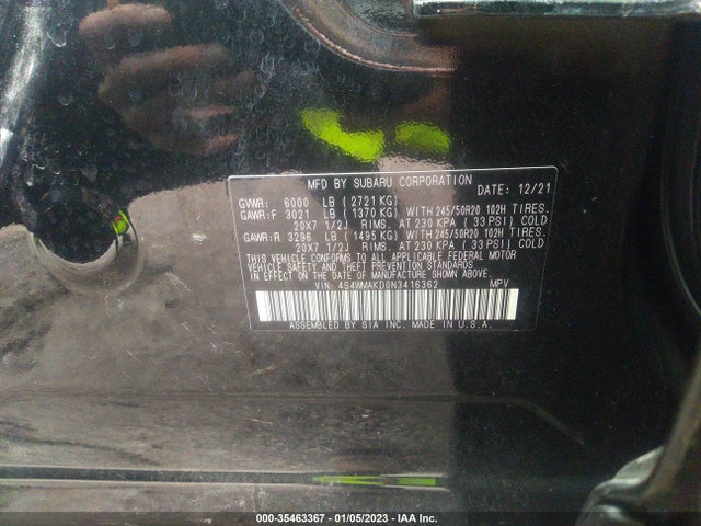 2022 Subaru Ascent, VIN: 4S4WMAKD0N3416362