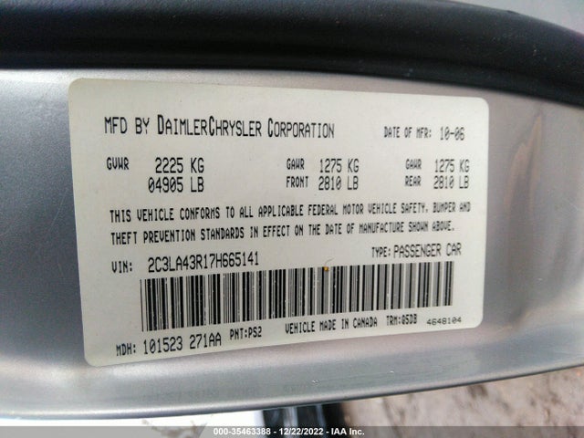 2007 CHRYSLER 300 VIN: 2C3LA43R17H665141