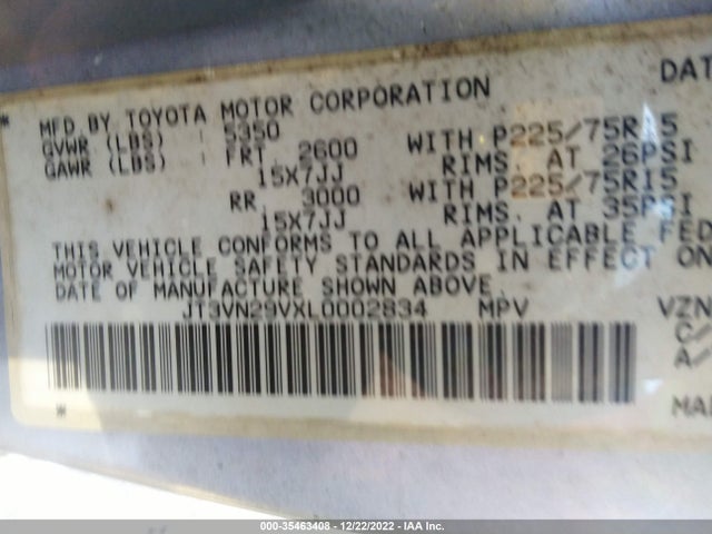 1990 Toyota 4runner Vn29 Sr5 მანქანა იყიდება აუქციონზე, vin: JT3VN29VXL0002834, აუქციონის ნომერი: 35463408