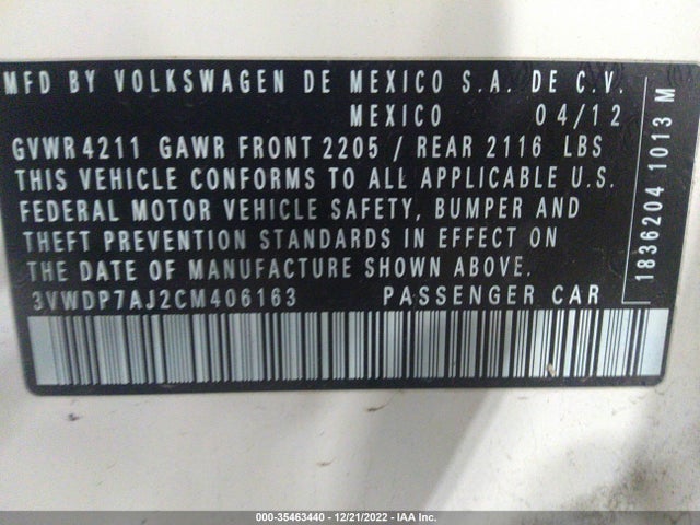 3VWDP7AJ2CM406163 Volkswagen Jetta Sedan Se W