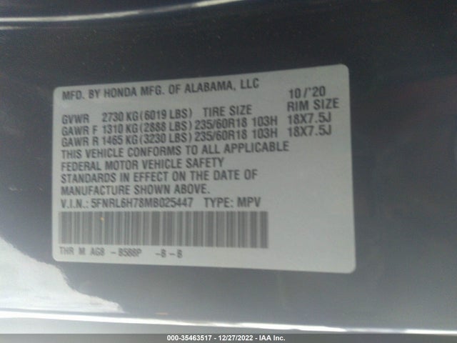 2021 Honda Odyssey, VIN: 5FNRL6H78MB025447