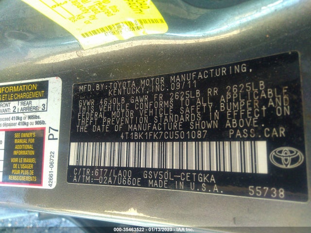 2012 TOYOTA CAMRY SE/XLE VIN: 4T1BK1FK7CU501087