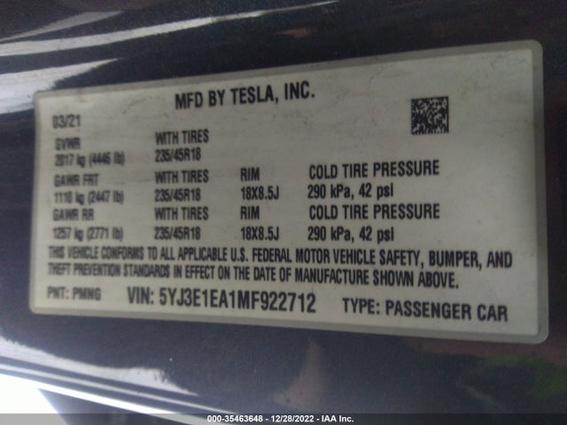 Tesla MODEL 3 2021 5YJ3E1EA1MF922712 Image 9