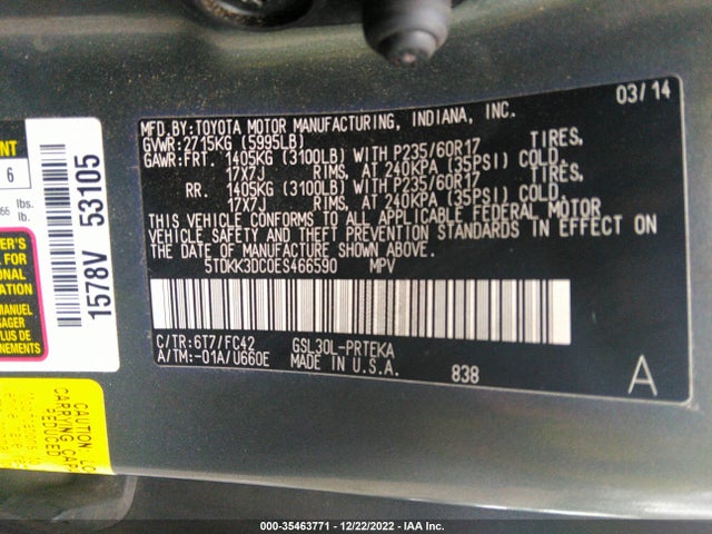 2014 TOYOTA SIENNA LE VIN: 5TDKK3DC0ES466590