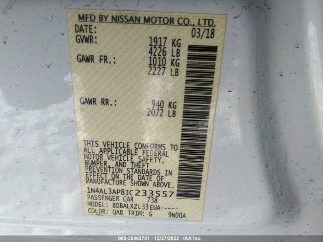 2018 NISSAN ALTIMA 2.5 SL VIN: 1N4AL3AP8JC233557