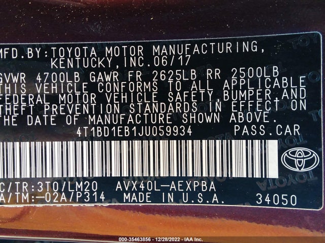 2018 Toyota Avalon, VIN: 4T1BD1EB1JU059934