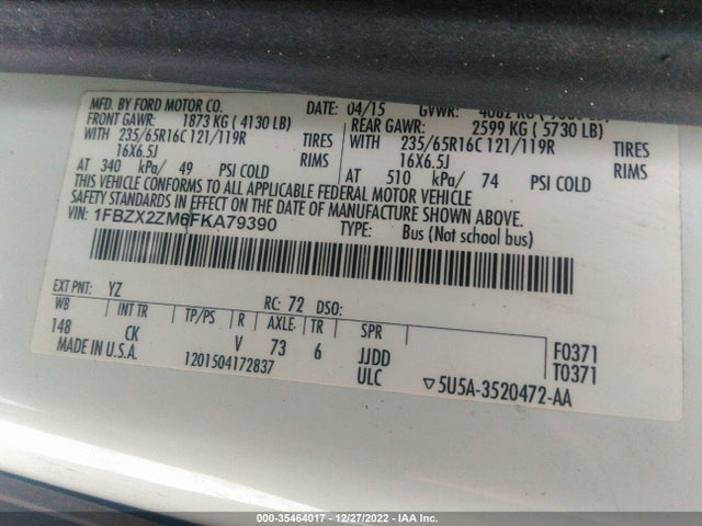 2015 Ford Transit, VIN: 1FBZX2ZM6FKA79390