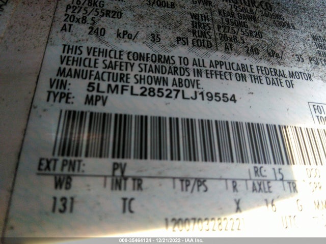 2007 LINCOLN NAVIGATOR L VIN: 5LMFL28527LJ19554