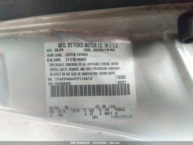 2000 FORD MUSTANG VIN: 1FAFP4044YF110614